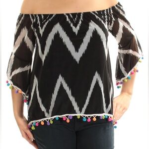 INC Black and White Off-Shoulder Top with Colorful Pom-Pom Trim